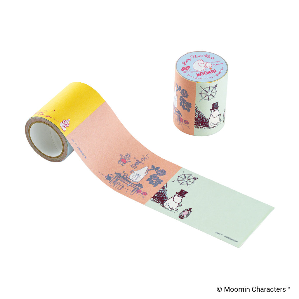 A roll of Moomin-themed sticky notes shown partially unrolled next to its cylindrical packaging. The roll features a tri-color design of yellow, peach, and mint green with illustrations of Moomin characters.