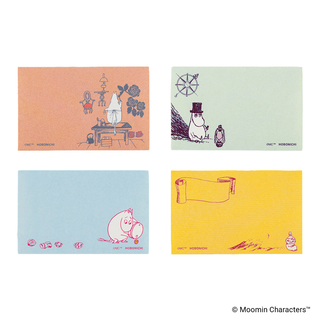 Four Moomin-themed sticky notes arranged in a 2x2 grid on a white background. The cards feature illustrations from Moomin World in pastel orange, mint green, light blue, and yellow.
