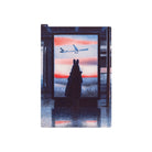 A rectangular pencil board for A5 Techo of rabbit figure in front of airport window with colorful sunset on white background
