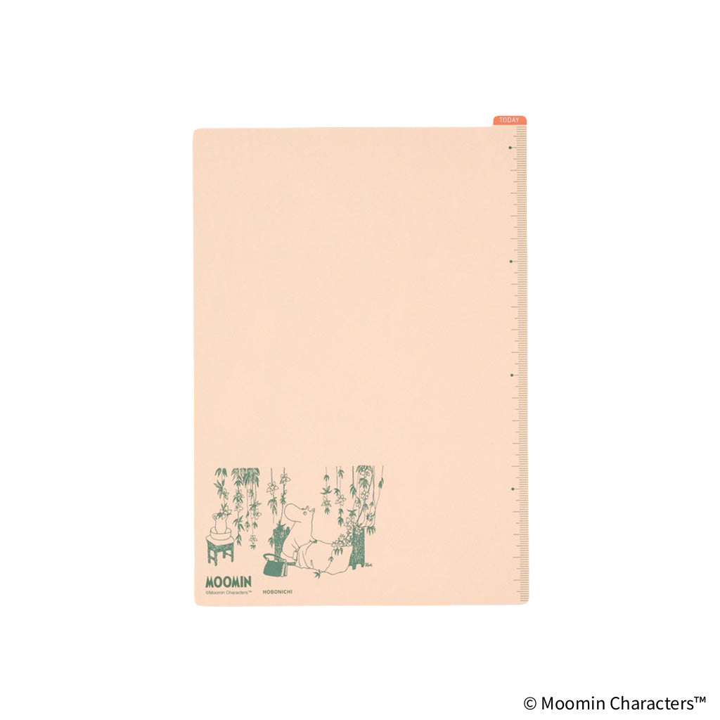 A peach-colored Moomin character A5 pencil board with a green illustration and logo on the bottom left, shown on a plain white background.