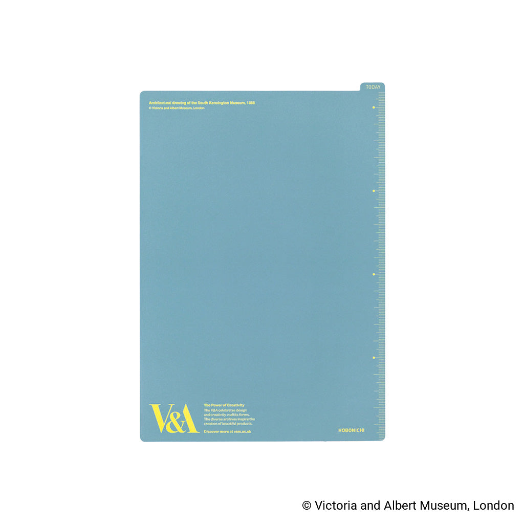 A light blue A5 pencil board with yellow printed text and measurement markings, displayed on a clean white background. The bottom-left corner features the yellow 'V&A' logo.
