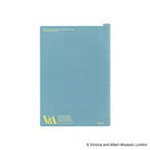 A light blue A5 pencil board with yellow printed text and measurement markings, displayed on a clean white background. The bottom-left corner features the yellow 'V&A' logo.