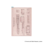 An A5-sized pencil board wtih a vintage architectural print titled 'South Kensington Museum' showing detailed black ink structural drawings on aged, warm pink paper, displayed against a clean white background.