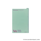 A mint green A6-sized pencil board with the V&A logo in purple text and small measurement markings along the right edge against a white background