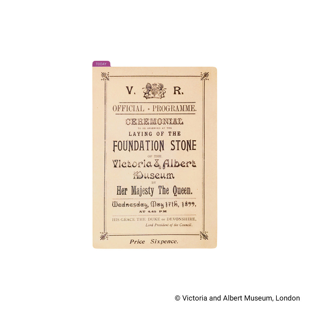 An A6-sized pencil board with a vintage programme booklet design for the Victoria and Albert Museum foundation stone ceremony, printed in black on aged beige background with a small purple tab at the top left.