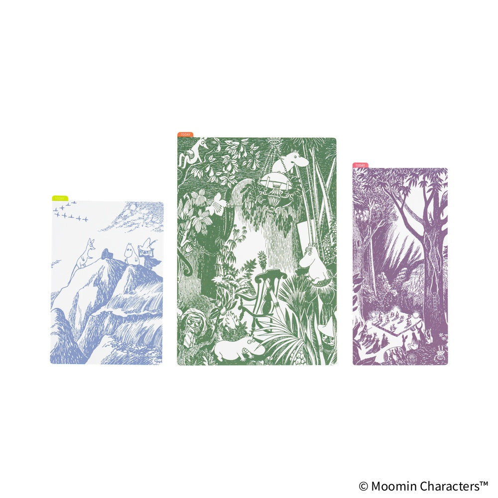 Three rectangular Moomin pencil boards displayed side by side on a white background, each featuring illustrated scenes: a blue landscape with small figures on the left, a green jungle scene with animals in the center, and a purple forest scene on the right.