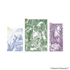 Three rectangular Moomin pencil boards displayed side by side on a white background, each featuring illustrated scenes: a blue landscape with small figures on the left, a green jungle scene with animals in the center, and a purple forest scene on the right.