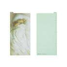 Front and back of rectangular pencil board for Hobonichi Techo weeks on white background. The front design has a drawing of a rabbit sleeping in bed with white bedsheets, and the back is a plain mint green color.