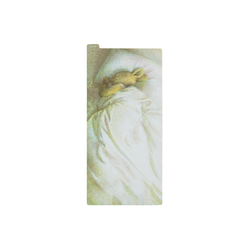 Rectangular pencil board for Hobonichi Techo weeks with rabbit sleeping in bed with white bedsheets design on white background
