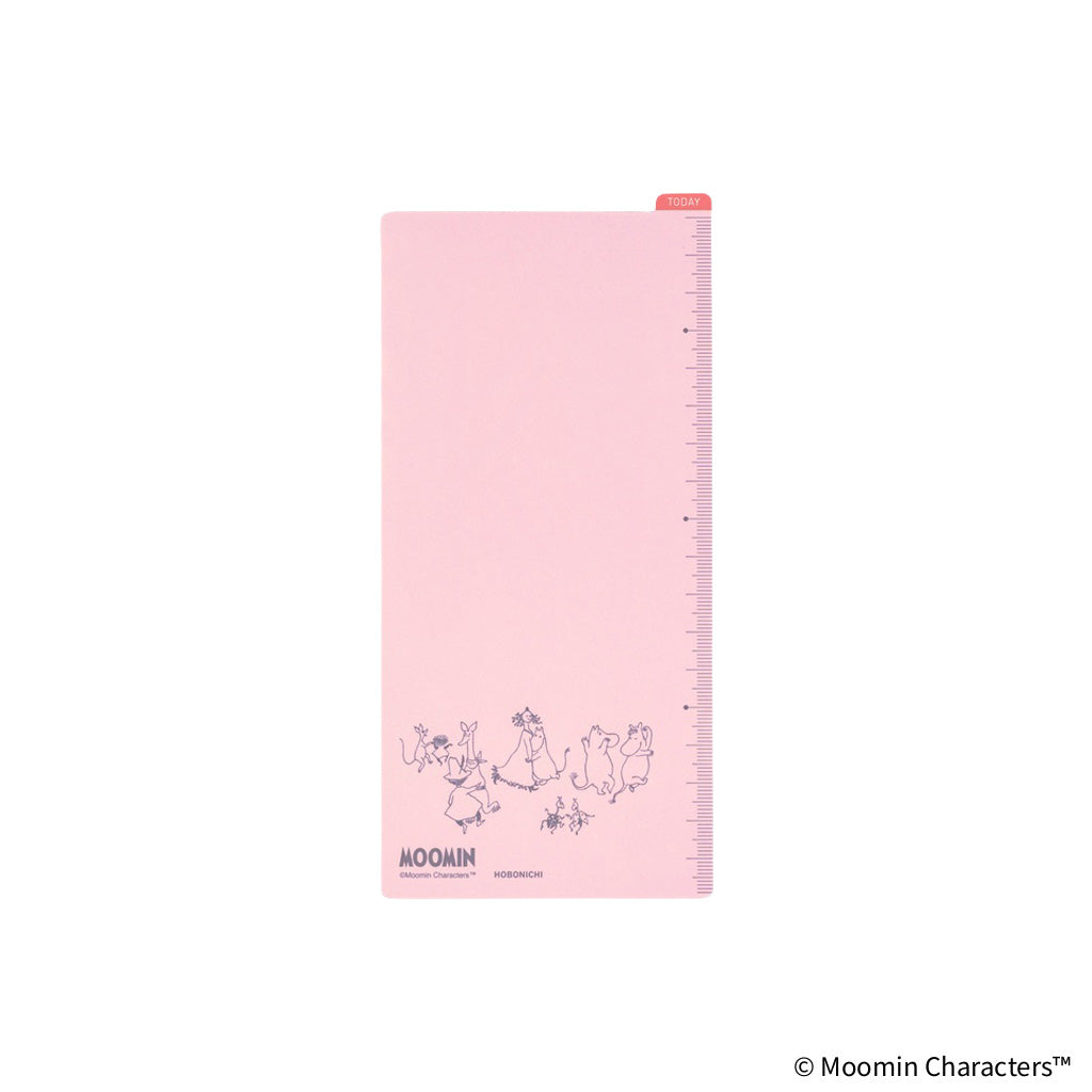 A pink Moomin character-themed pencil board for Techo Weeks on a white background, featuring purple line art illustrations of characters and the Moomin logo at the bottom.