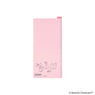 A pink Moomin character-themed pencil board for Techo Weeks on a white background, featuring purple line art illustrations of characters and the Moomin logo at the bottom.