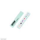 A mint green Pochitto6 push-style button stamp with six Moomin designs against white background