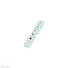 A mint green Pochitto6 push-style button stamp with six Moomin designs against white background