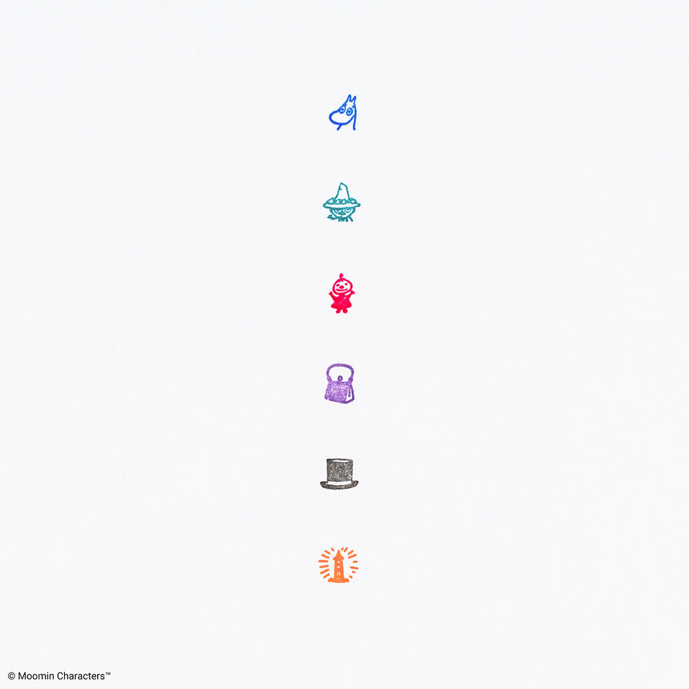 A vertical row of six small Moomin character and object icons on a plain white background, including blue, teal, pink, purple, gray, and orange illustrations. 