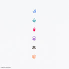 A vertical row of six small Moomin character and object icons on a plain white background, including blue, teal, pink, purple, gray, and orange illustrations. 