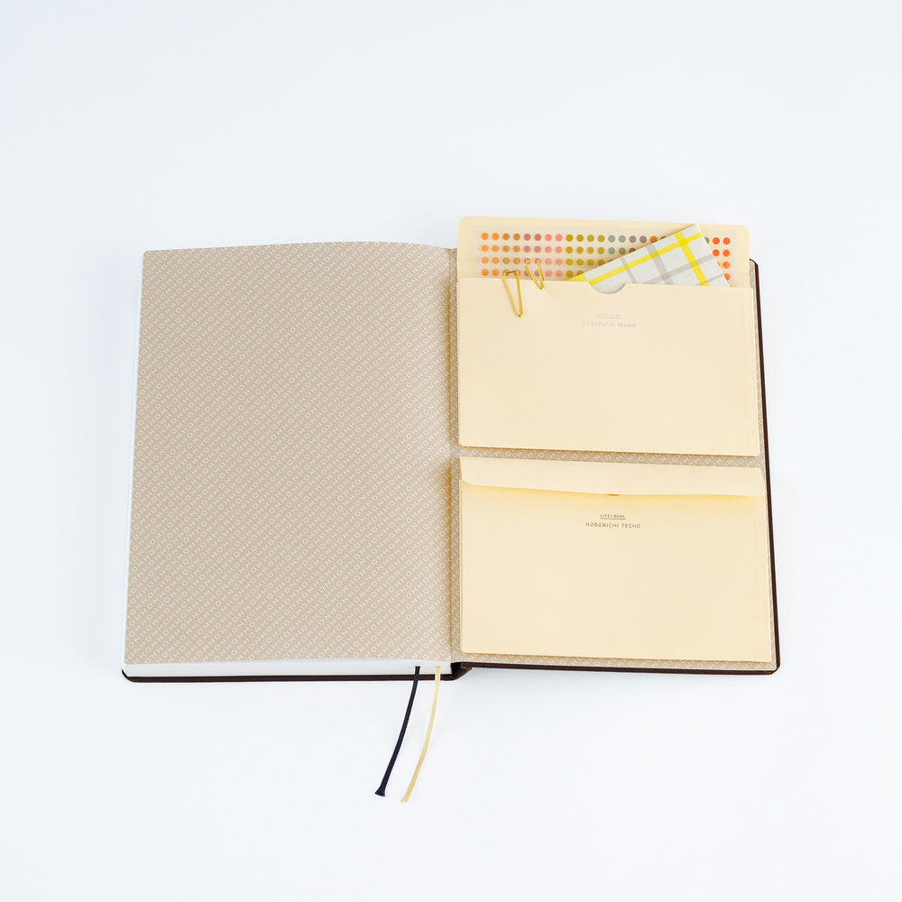 Two A6-sized pocket notebooks adhered to A5 Techo Cousin planner on white background