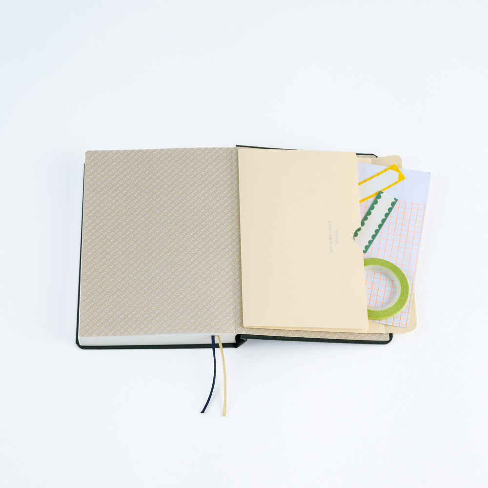 A6 pocket notebook folder with stationery supplies adhered to A6 Hobonichi Techo planner endpapers on white background