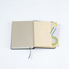 A6 pocket notebook folder with stationery supplies adhered to A6 Hobonichi Techo planner endpapers on white background