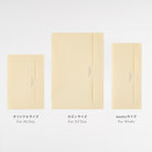 Three cream-colored paper envelopes of different sizes arranged side by side on a white background, with Japanese and English size labels underneath.