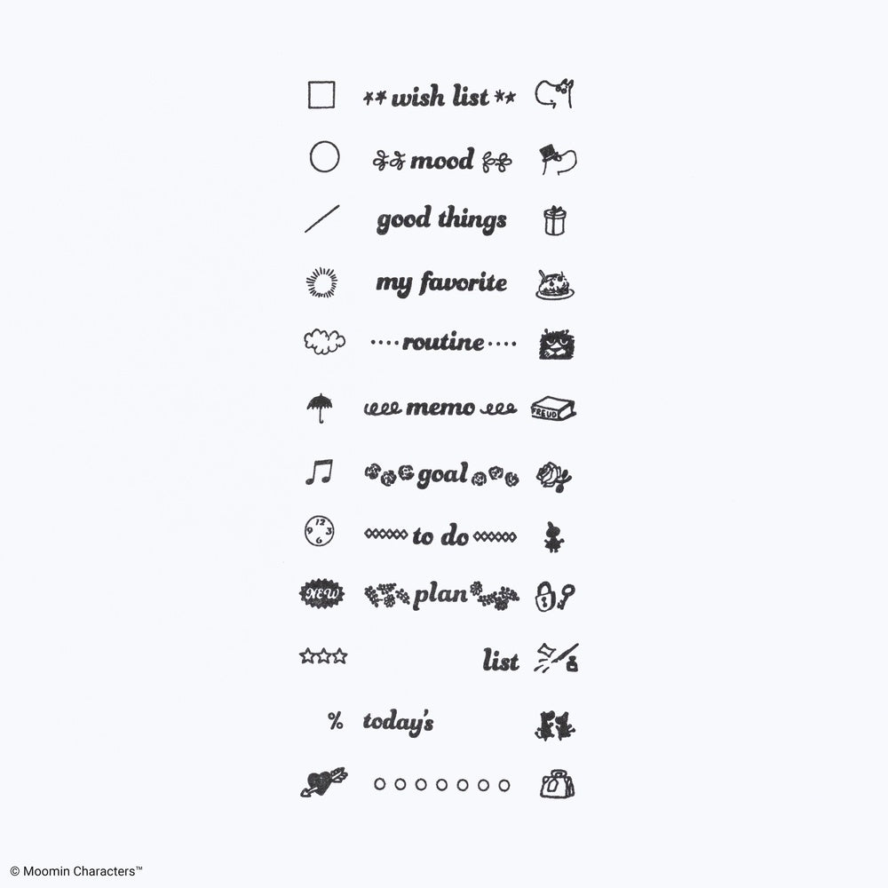 Stamped examples of symbols and text from Sanby Moomin Rotating Stamp on white background