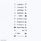 Stamped examples of symbols and text from Sanby Moomin Rotating Stamp on white background