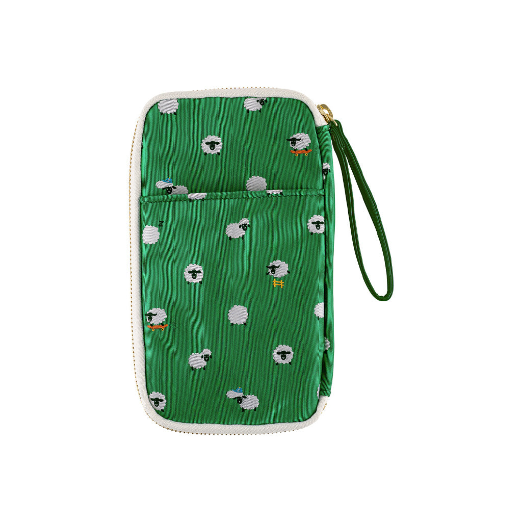 A green zippered pouch with a white sheep pattern, featuring a front pocket and a matching green wrist strap with a gold zipper pull, shown on a plain white background.