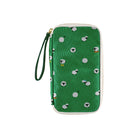 A green zippered pouch with a repeating sheep pattern, featuring a matching green wristlet strap and gold-tone zipper hardware, shown against a plain white background.