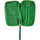 A green zippered organizer pouch shown open, featuring interior pockets, a mesh pocket on the right side, and gold-tone zipper trim on a white background.