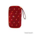 A red zippered pouch featuring an all-over repeating print of Moomin Character Little My, including a wrist strap and gold-tone zipper.