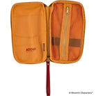 An open Moomin drawer pouch with an orange interior and multiple interior compartments, mesh pockets, and a red wrist strap, shown on a white background.