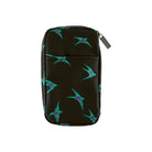 A black zippered pouch featuring an all-over pattern of teal and purple flying birds, shown against a plain white background.