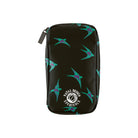 A black zippered pouch featuring a pattern of teal and purple swallow birds, with a white circular logo near the bottom that reads 'NATAL DESIGN XPERIENCE'.
