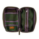 An open zippered case shown from above, with olive green exterior fabric, purple interior trim, and a dark green interior. The left side has two mesh pockets, and the right side has a vertical zip compartment.