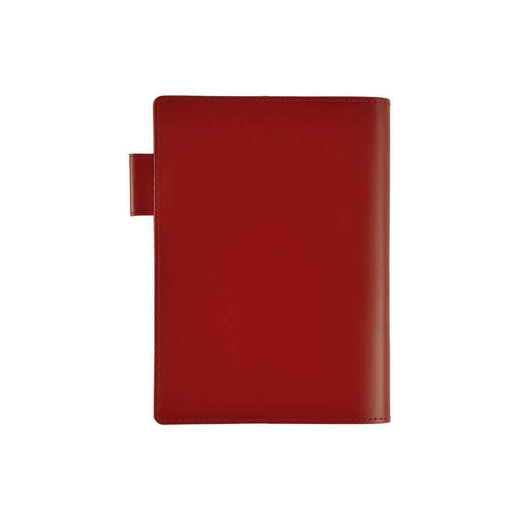 Red A6 leather cover for 5-year journal on white background