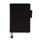 Black Hobonichi A5 cover with pen loops and bookmark on white background
