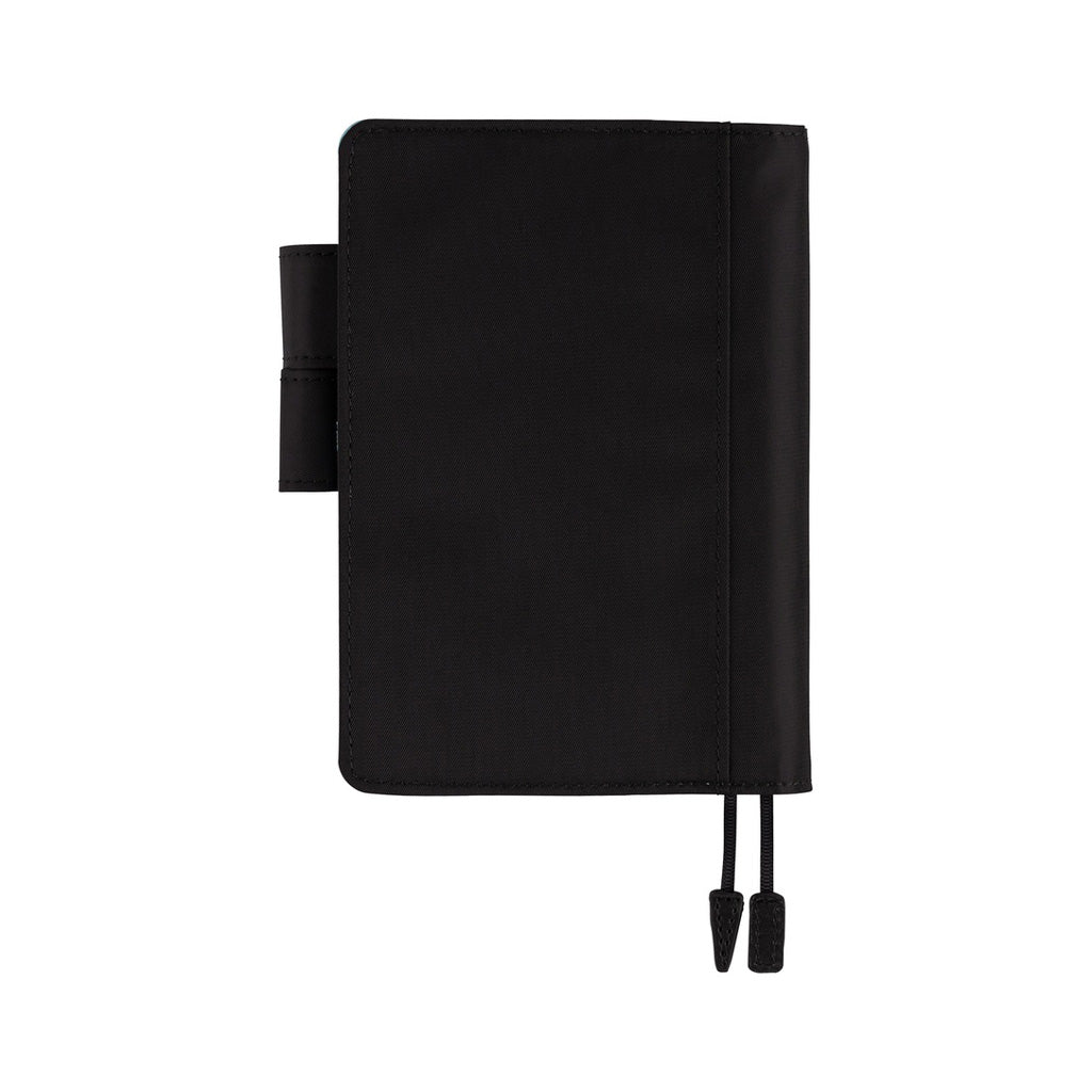 Black Hobonichi A6 cover with pen loops and bookmark on white background