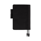 Black Hobonichi A6 cover with pen loops and bookmark on white background