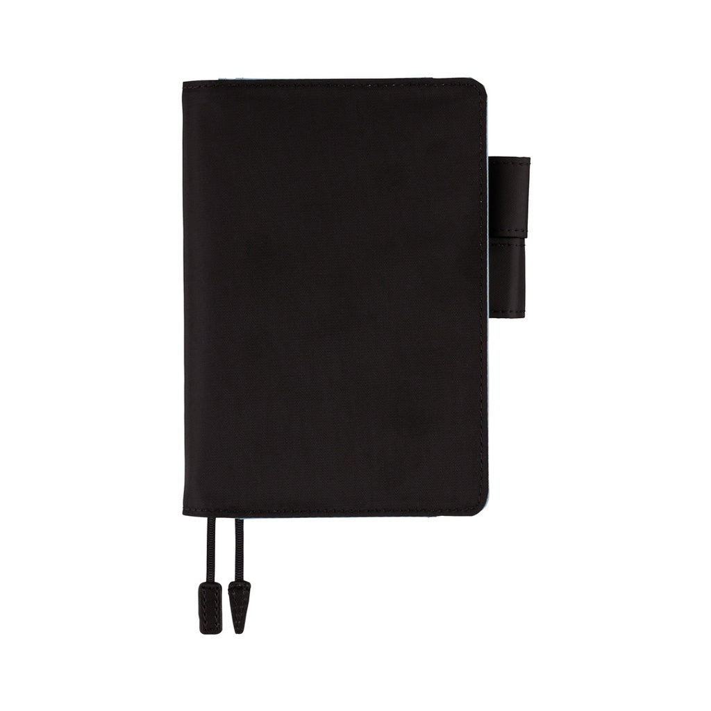Black Hobonichi A6 cover with pen loops and bookmark on white background