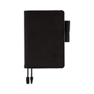 Black Hobonichi A6 cover with pen loops and bookmark on white background