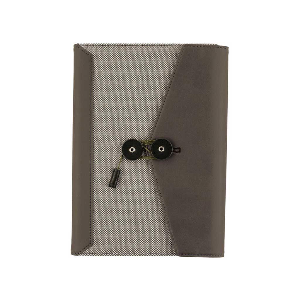 Tri-fold black and white cover with button-and-cord closure for Hobonichi A5 Cousin Techo planner on white background 