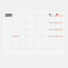 Monthly calendar spread of Hobonichi Techo 2026 Cousin A5 Spring Start planner on white background