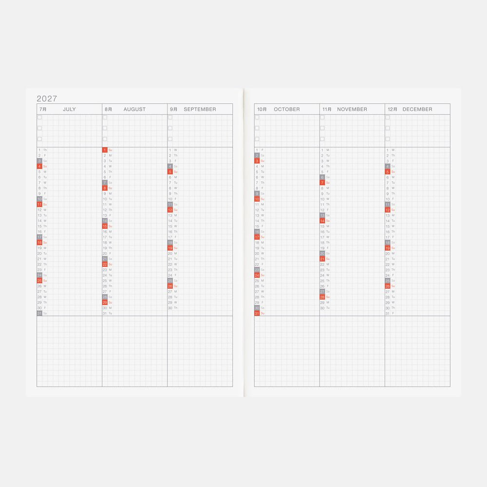An open A5 Hobonichi Techo 2027 Cousin planner book with month-at-a-glance spreads for July through December on white background