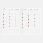 An open A5 Hobonichi Techo 2027 Cousin planner book with month-at-a-glance spreads for July through December on white background
