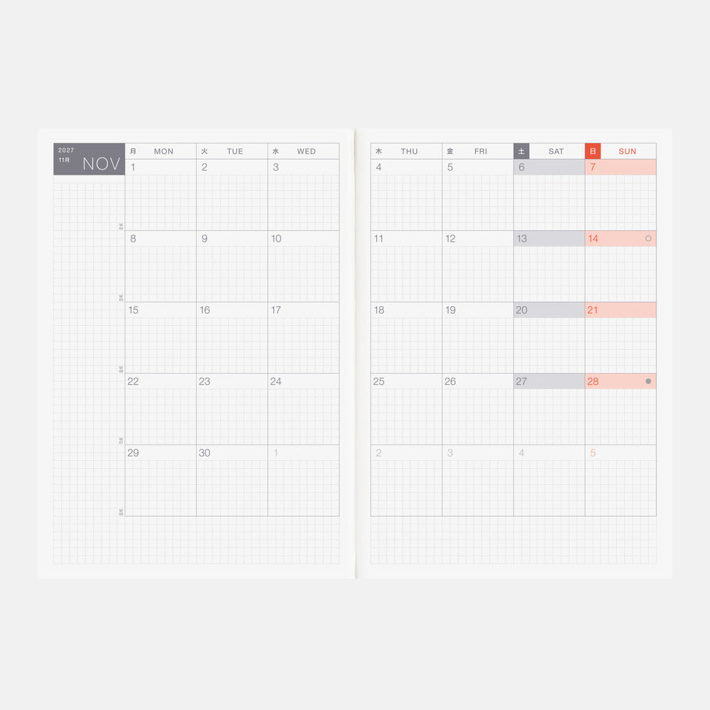 An open A5 Hobonichi Techo 2027 Cousin planner book with monthly spread for November 2027 on white background