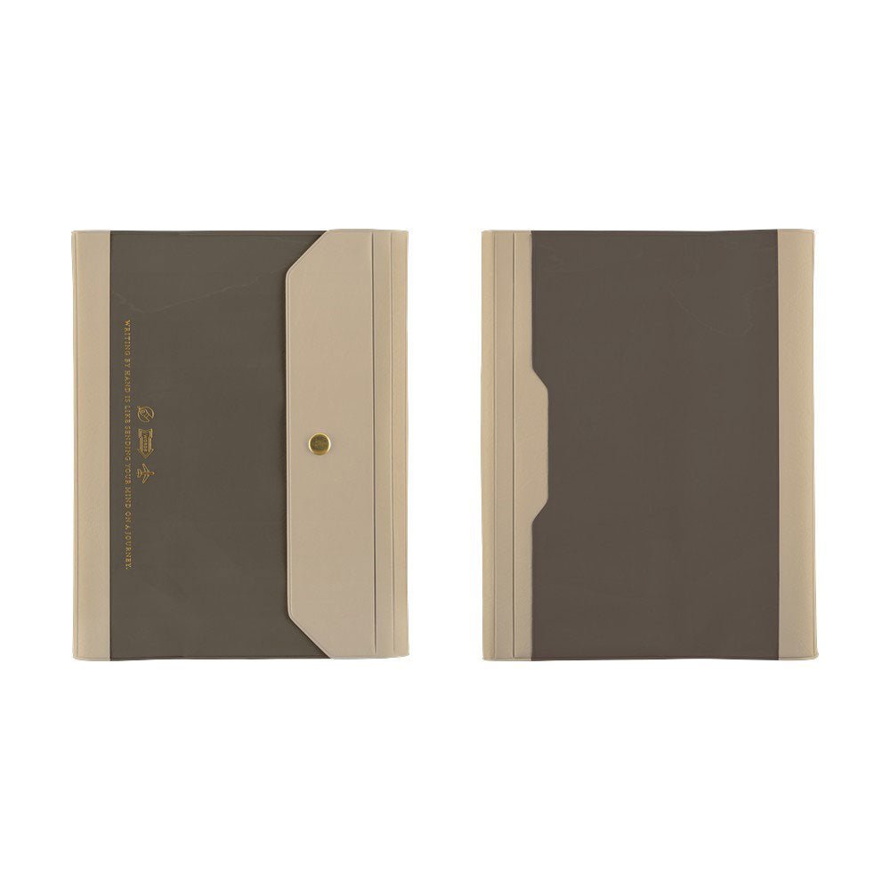 The front and back of a warm gray and taupe Hobonichi Techo Alettone planner cover shown side by side on a plain white background. Both feature an exterior pocket, and the front includes gold snap button and gold text.