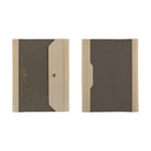 The front and back of a warm gray and taupe Hobonichi Techo Alettone planner cover shown side by side on a plain white background. Both feature an exterior pocket, and the front includes gold snap button and gold text.