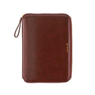 A deep wine-colored Hobonichi Techo zippered cover with a smooth finish, gold zipper, wrist loop, and gold 'handwrite' logo on a plain white background.