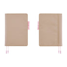 Two views of a greige Hobonichi Techo cover on a white background, showing the front and back with pink pen loops and ribbon bookmarks.
