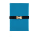 A blue Hobonichi Techo cover with a black elastic closure strap and a natural leather pen holder, and a red ribbon bookmark shown on a plain white background.