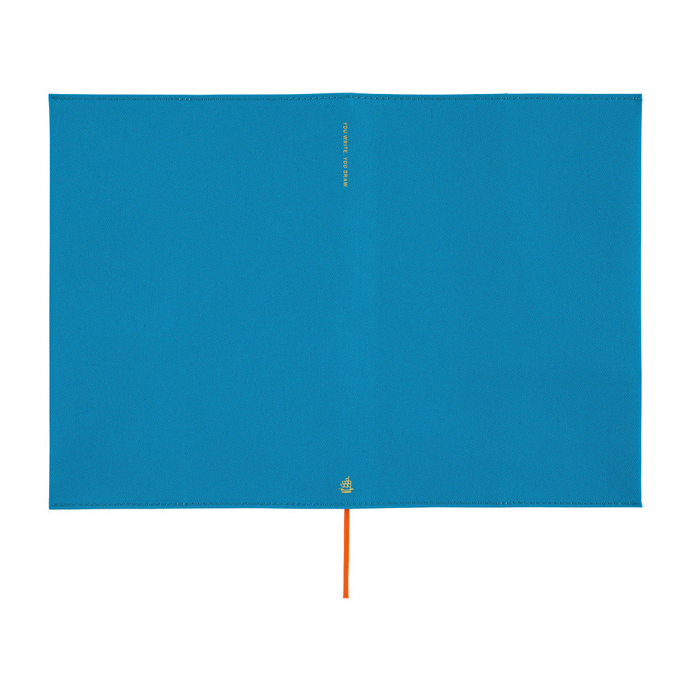 A blue Hobonichi Techo cover laying flat with a bright red bookmark ribbon and a small gold text on the spine, displayed flat against a white background.